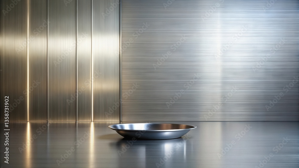 Obraz premium Reflective Steel Surface with a Single Metal Bowl in a Minimalist Setting