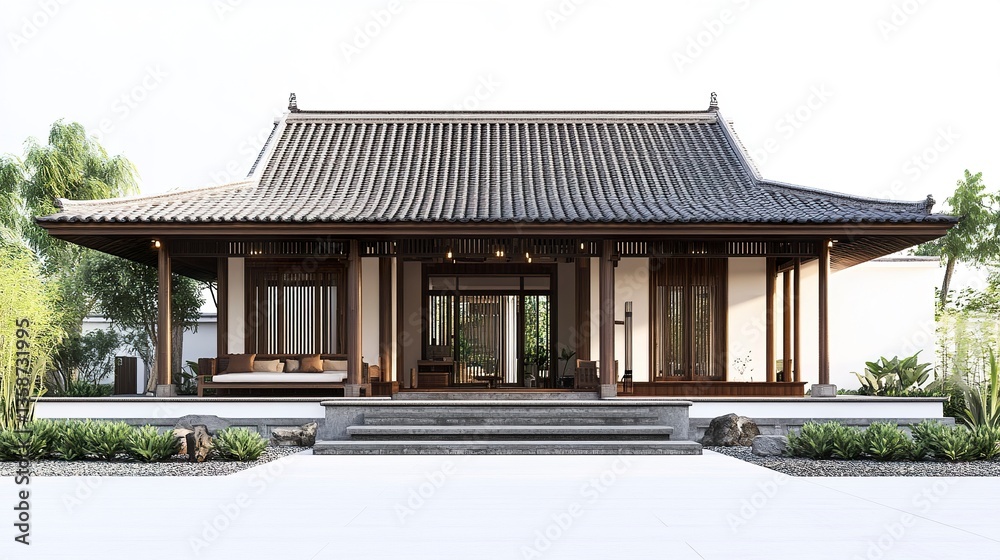 Obraz premium Traditional minimalist home with clean facades simple roof and natural textures sharp contrast isolated on white background frontal view.