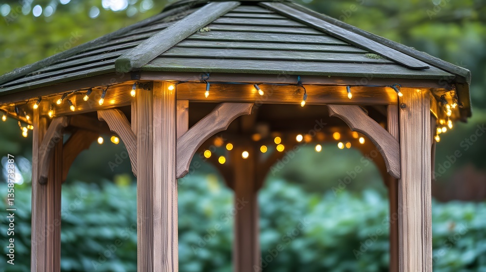 Obraz premium Illuminated Wooden Gazebo in Garden at Dusk