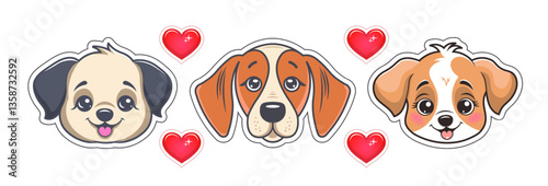 Vector set of cute toon stickers. Cartoon funny nice little faces of cuddly beloved puppies. Kind smiling doggies. Collection of pet icons. Isolated background. Lovely doggy. Heads and hearts