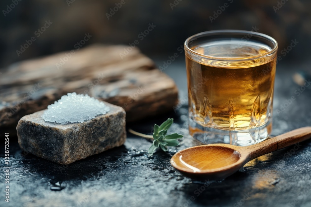 Golden Elixir Still Life: A captivating still life presents a transparent glass filled with a golden elixir, a wooden spoon, and a piece of wood.