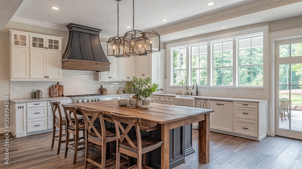 Wide-angle shot of a wooden island framed by white cabinets and clean lines bright light fills the scene minimalist tone.