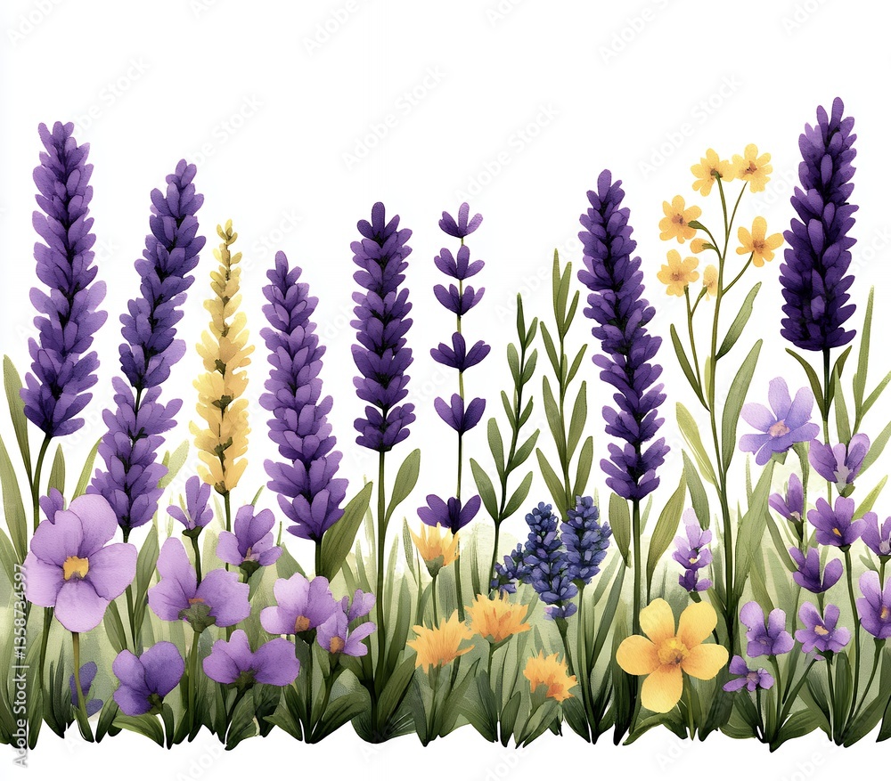 Fototapeta premium Vibrant Purple and Yellow Wildflower Meadow Against White Background