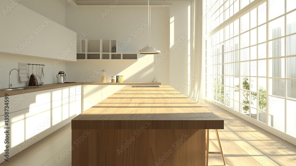 Wide-angle shot of a wooden island framed by white cabinets and clean lines bright light fills the scene minimalist tone.