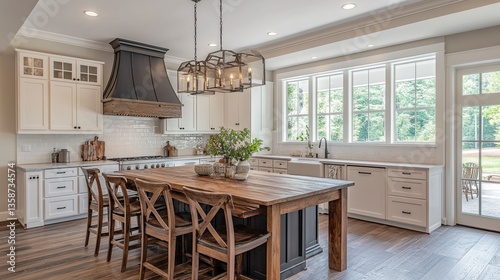 Wide-angle shot of a wooden island framed by white cabinets and clean lines bright light fills the scene minimalist tone.  