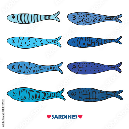 Cute sardine. Kids background. Sardines, salmon, tuna, tilapia. Vector set. Kids illustration.