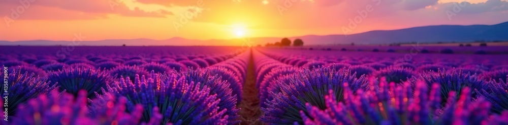 Obraz premium Sunset illuminating a vast purple lavender field in the French Provence, blooming, flowers