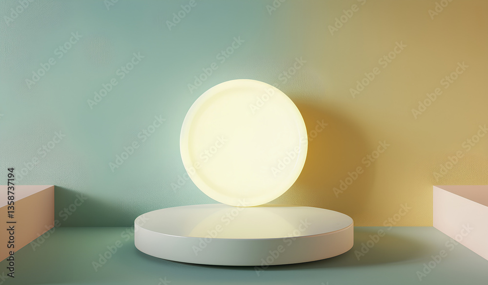 3D render, abstract background with a glowing white neon circle on a podium stand. Minimal geometric shapes for product presentation in light blue and pink colors. 3D render, abstract background with a glowing white neon circle on a podium stand. Minimal geometric shapes for product presentation in light blue and pink colors.