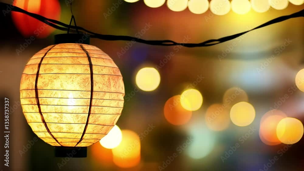 Illuminated paper lantern glows, night market bokeh