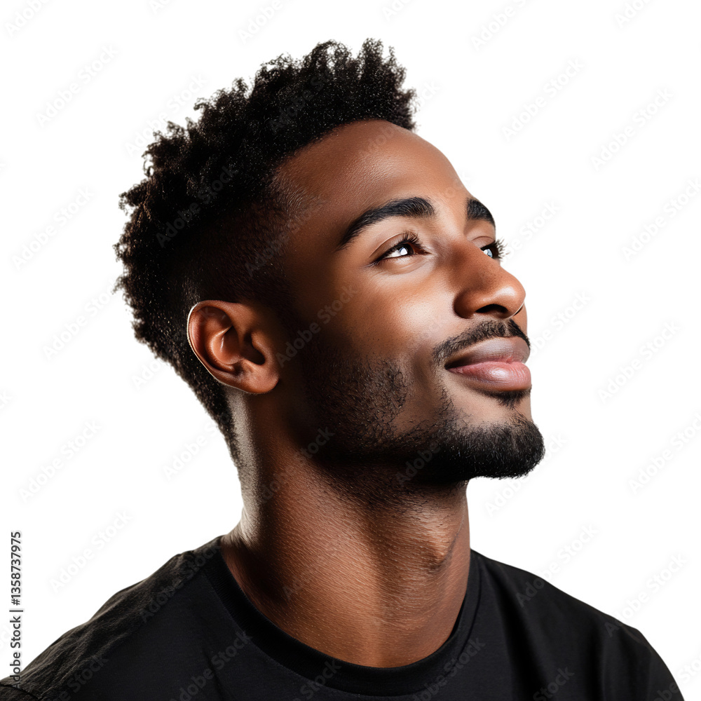 Obraz premium A Man with a Relaxed Smile Looking Up Isolated on Transparent Background