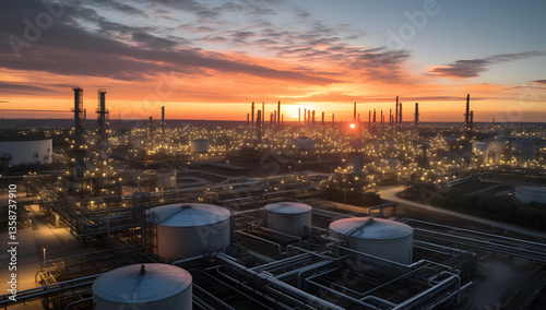 Aerial view of big oil refinery plant at night with beautiful lights. Industrial landscape.
