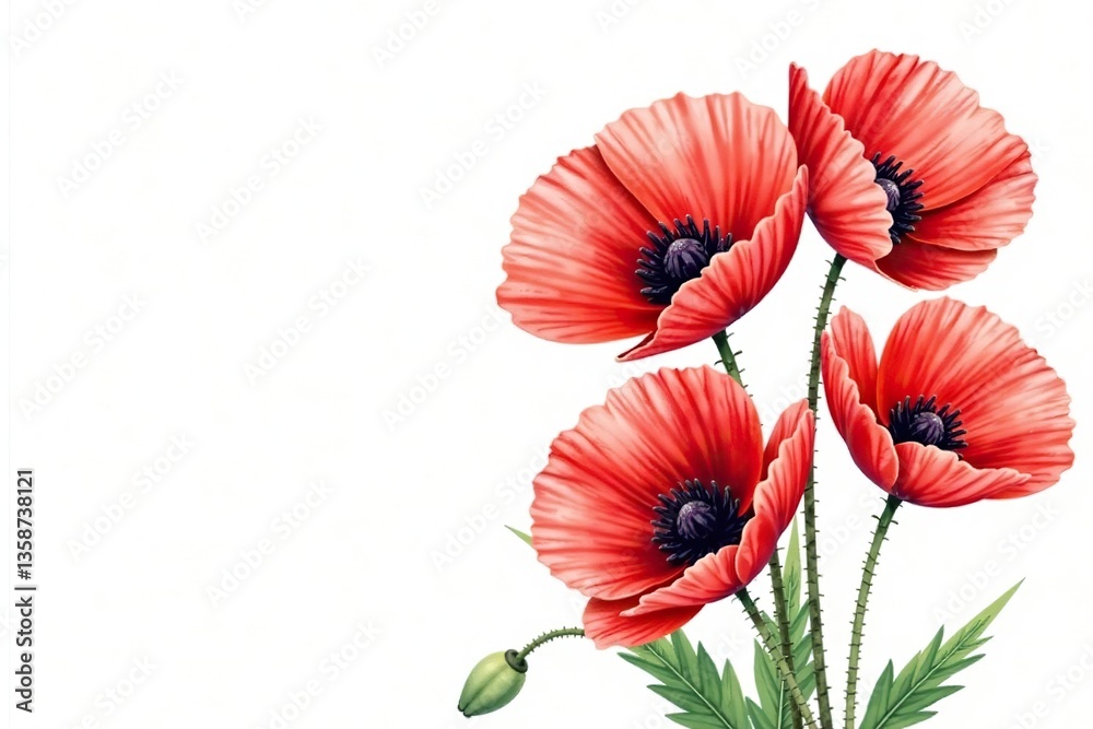 Obraz premium Red poppy flowers in vibrant watercolor style on a white background, ideal for botanical designs, invitations, and stationery, isolated, stationery