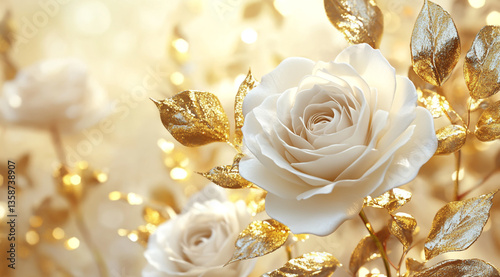 3D white roses with golden leaves, golden glitter bokeh background