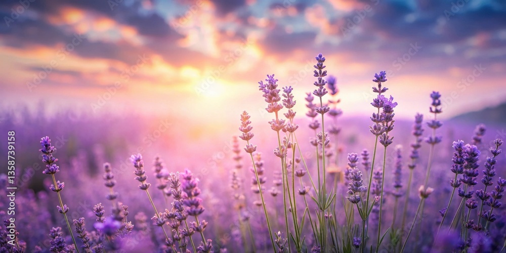 Naklejka premium Serene Sunset Lavender Field A breathtaking panorama of purple blossoms bathed in the warm glow of the evening sun, showcasing the beauty of nature's vibrant hues and delicate floral details.