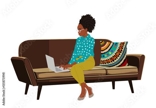 Black business woman sitting on comfortable sofa, working on laptop. African american girl in casual clothes using computer. Hybrid work concept. Vector illustration isolated