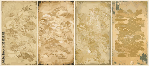 Set of vintage paper background with traditional Japanese pattern. Ephemera paper for scrapbooking. Vector art illustration in gold beige color palette