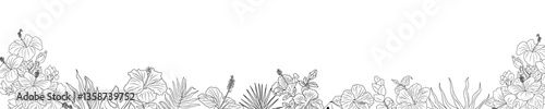 Hibiscus flowers and tropical leaves border. Horizontal banner, floral overlay backdrop. Botanical monochrome ink sketch style hand drawn outline vector illustration isolated