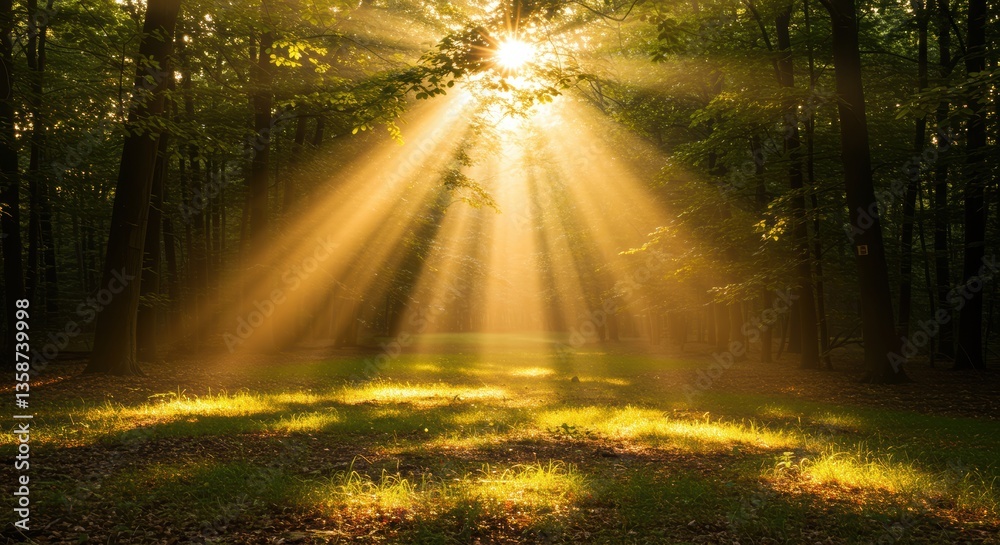 Fototapeta premium Sunlight streaming through forest canopy illuminating tranquil woodland scene