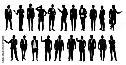 Silhouettes of diverse business people standing, walking, businessmen full length, pointing, front, side, back view. Black monochrome Vector illustrations, icons isolated