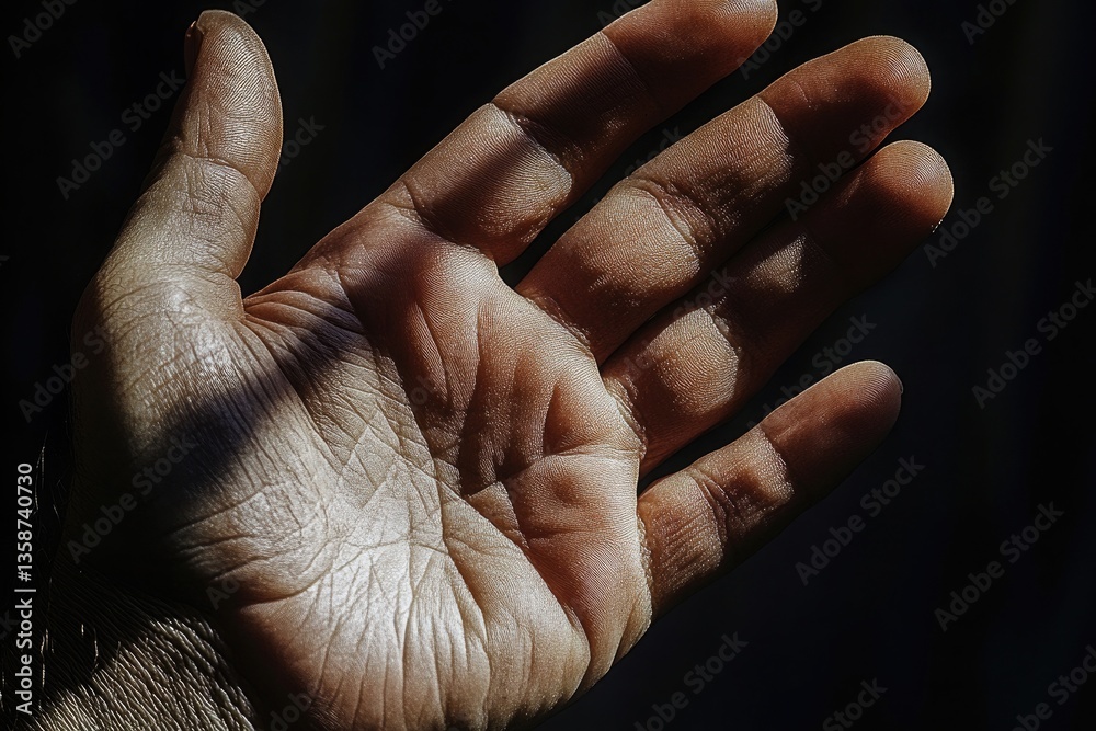 Fototapeta premium A highly detailed image of a hand, showing the fine lines, wrinkles, and pores on the skin. Tiny hairs catch the light, while the play of shadow emphasizes the depth of each crease.