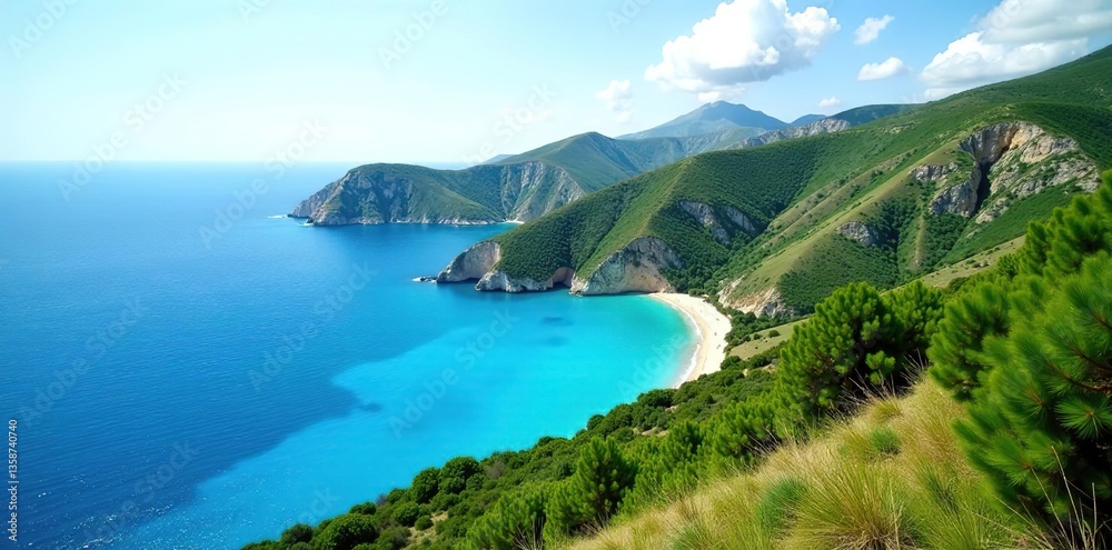 Fototapeta premium Rolling hills covered in lush greenery leading down to a crystal blue coastline in Cyprus, blue, peaceful