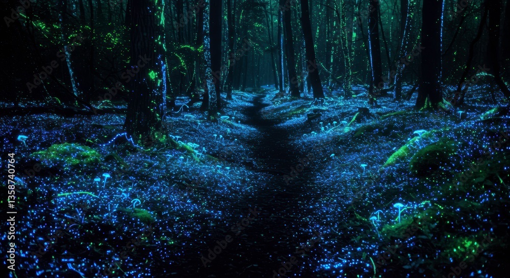 Fototapeta premium Enchanting Night Forest Path with Glowing Mushrooms and Bio Luminescent Flora