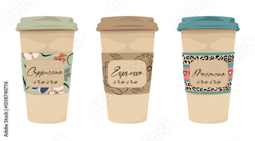 Coffee to go paper cups. Takeaway hot drinks in carton mugs with plastic lids. Take-away cappuccino, espresso, moccacino. Flat vector illustration isolated