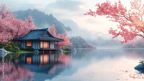 Tranquil Sunrise Over A House And Lake, Surrounded By Pink Blossoms And Misty Mountains