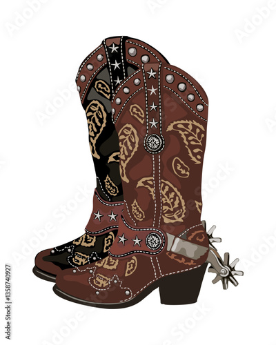 Cowboy boots with spurs. Traditional western vintage embroidered brown leather boots. Wild west concept. Vector realistic illustration isolated