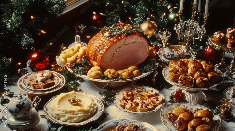 Naklejka premium Christmas Dinner Table Setting with Roasted Ham and Festive Dishes