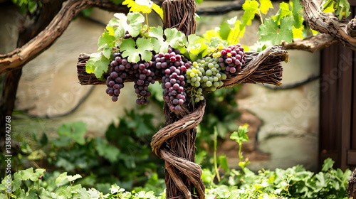 Vine Entwined into a Cross, Lush with Grapes – A Symbol of Faith and Abundance.
