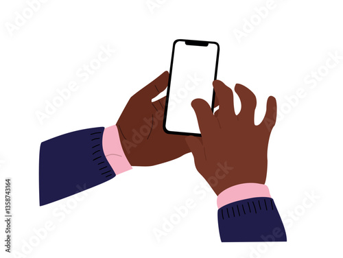 Black male Hands holding mobile phone. Fingers touching, scrolling smartphone screens, using applications. Empty screen, phone mockup. Flat vector illustration isolated