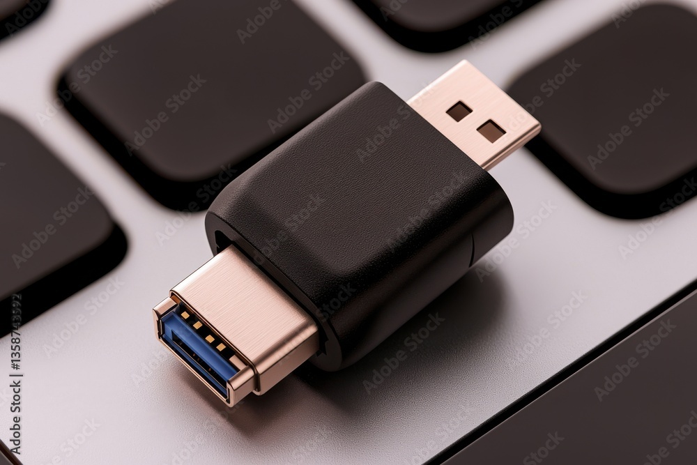 Fototapeta premium anti tracking anonymity concept. USB connector on a laptop keyboard close-up.