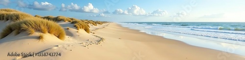 Sandy beach with dunes and ocean waves on Langeoog Island in the North Sea, Langeoog, nature