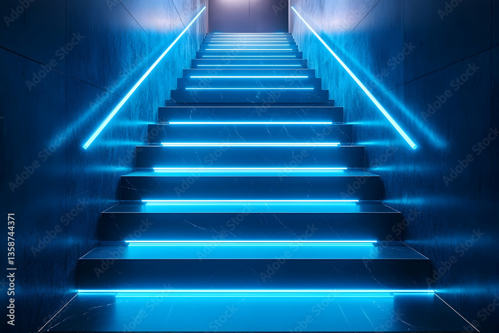 Fototapeta premium A modern staircase illuminated with bright blue neon lighting