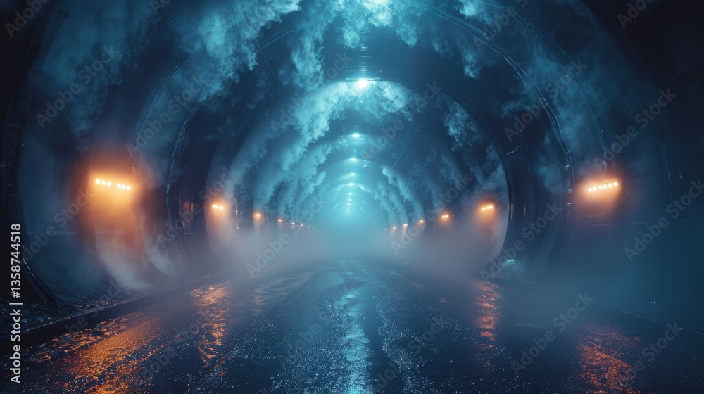 Fototapeta premium Moody foggy tunnel with atmospheric lighting and glowing lights