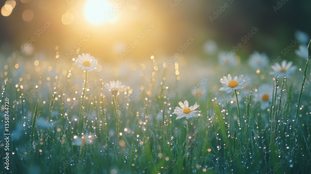 Fototapeta premium Field of White Daisies at Sunrise with Dew Drops