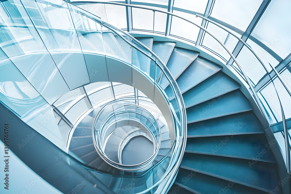 Fototapeta premium A modern spiral staircase rises through a glass and steel structure