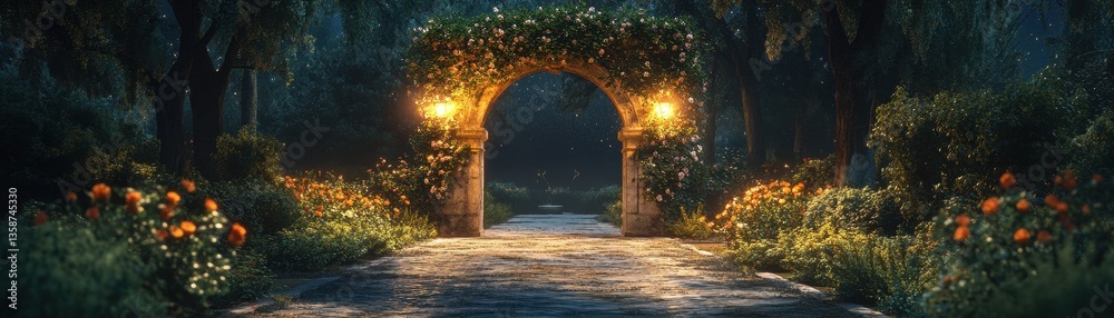 Fototapeta premium Glowing Archway in an Enchanted Forest at Night