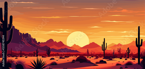 Desert landscape abstract art background. Texas western mountains and cactuses. Vector illustration of Wild West desert with red sky and sun. Design element for banner, flyer, card, sign template.