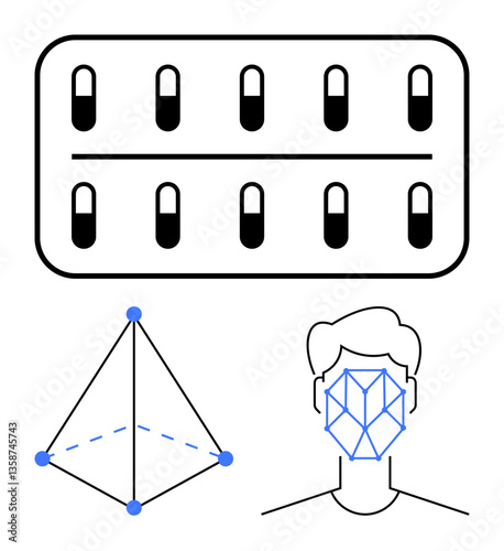 Blister pack of pills, geometric figure with nodes, facial map. Ideal for health, AI, biometrics, technology, innovation analytics science. Flat simple metaphor