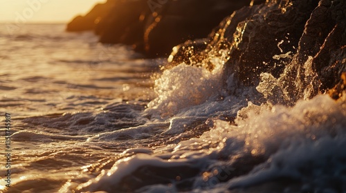 Golden Hour Waves Crashing on Rocky Coastline