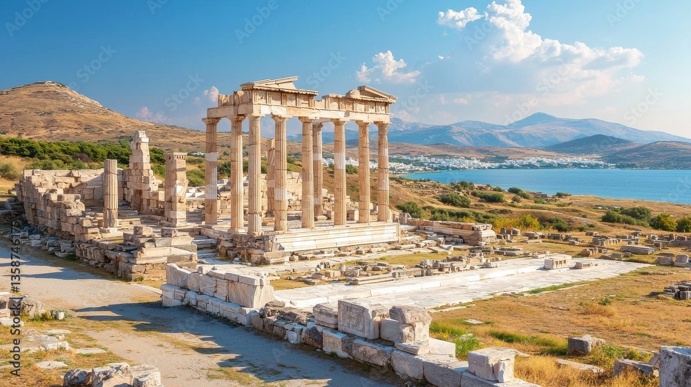 Naklejka premium Exploring ancient ruins delos island historical photograph coastal landscape serene viewpoint cultural heritage