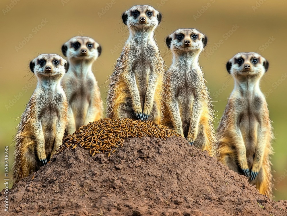 Meerkats foraging together on a mound in the savanna animal behavior natural habitat wildlife photography dynamic group interaction Meerkats foraging together on a mound in the savanna animal behavior natural habitat wildlife photography dynamic group interaction
