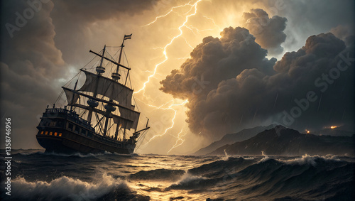 A dramatic depiction of an ancient sailing ship braving a terrifying thunderstorm at sea.