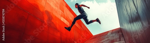 Man in Black Athletic Wear Jumping Over a Red and Grey Wall