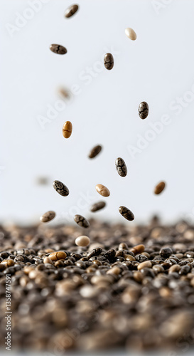 chia seed Mixed Beans Falling on White Background
