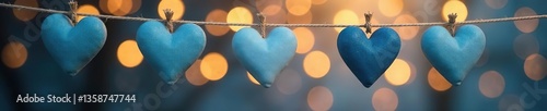 Valentine's day background with blue hearts on string, gold bokeh lights,  celebration,  hearts