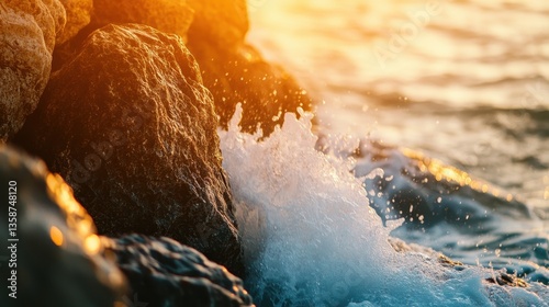 Ocean Waves Crashing on Rocky Shore at Sunset