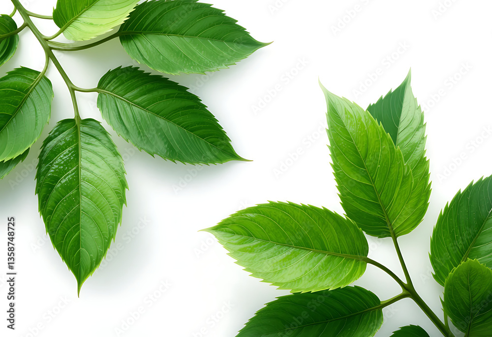 Fresh Green Leaves on White Background - Nature's Elegance Fresh Green Leaves on White Background - Nature's Elegance
